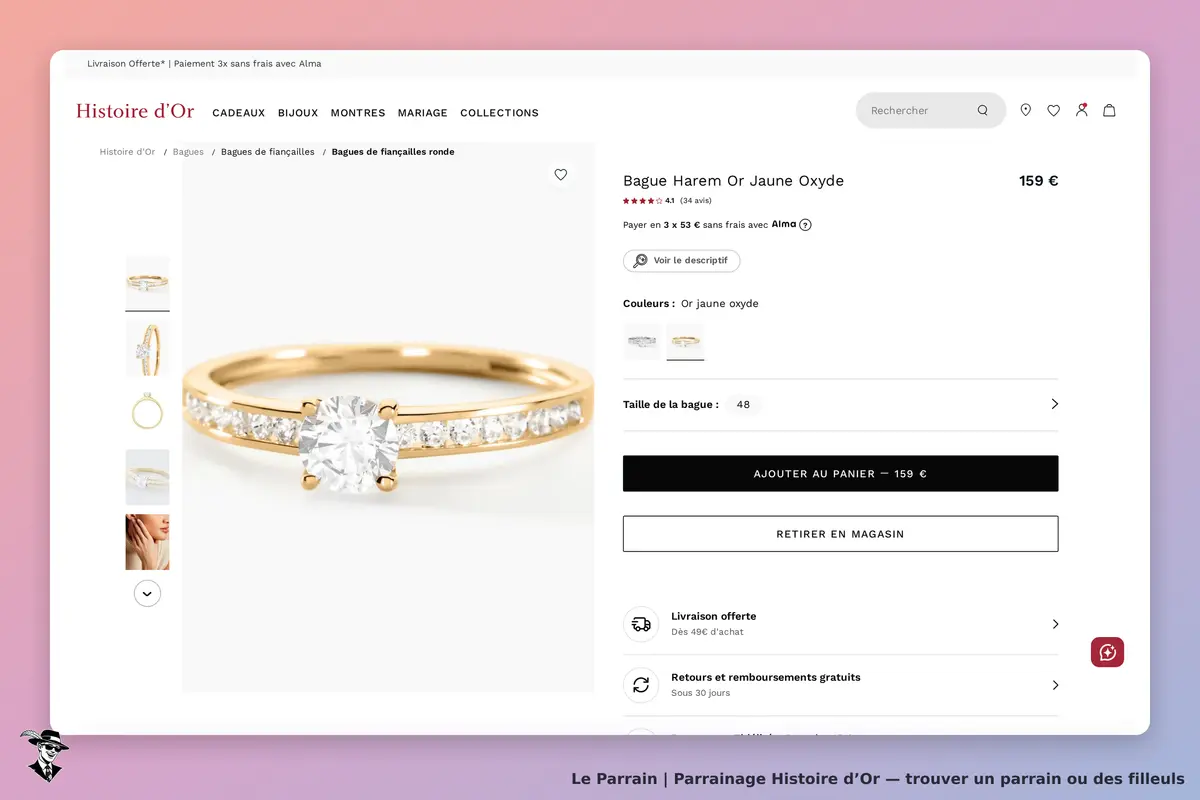 Histoire d’Or : bague en or jaune avec pierre centrale et petits diamants sur le côté