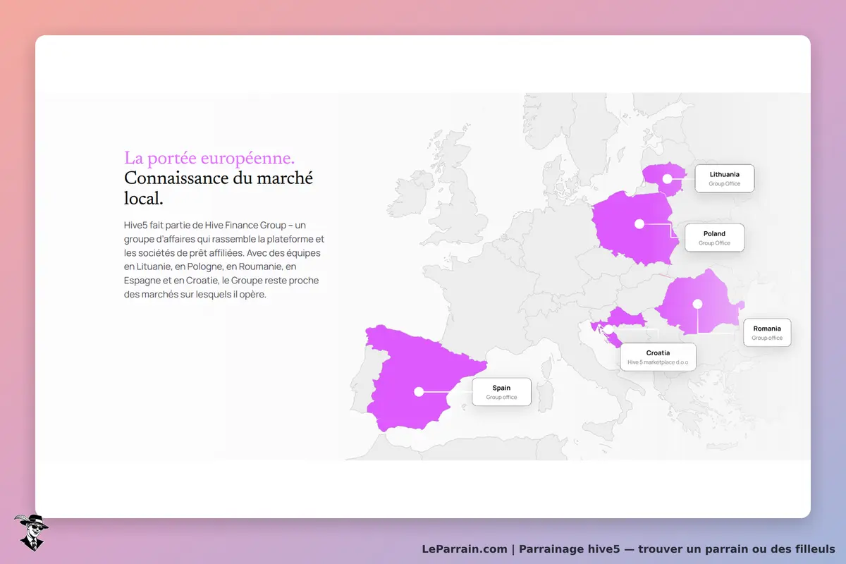 hive5 : carte de l'Europe avec bureaux en Espagne, Pologne, Roumanie, Lituanie et Croatie