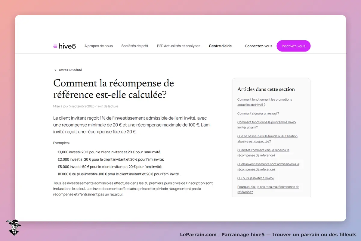 hive5 : page d'aide sur le calcul des récompenses de parrainage et exemples d'investissement
