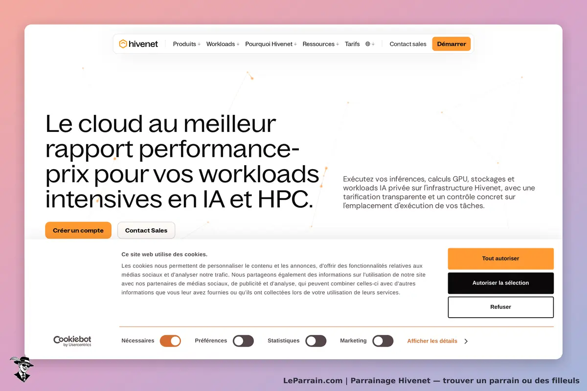 Hivenet : page d'accueil présentant le cloud pour workloads en IA et HPC avec options de cookies