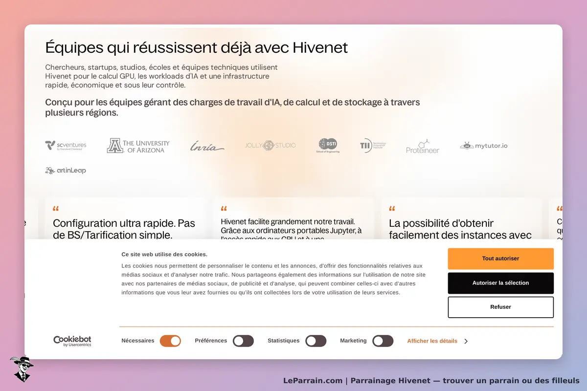 Hivenet : témoignages et logos d'équipes utilisant Hivenet pour le calcul GPU et l'IA