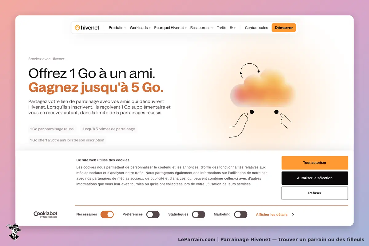 Hivenet : page d'accueil avec informations sur le parrainage et options de cookies