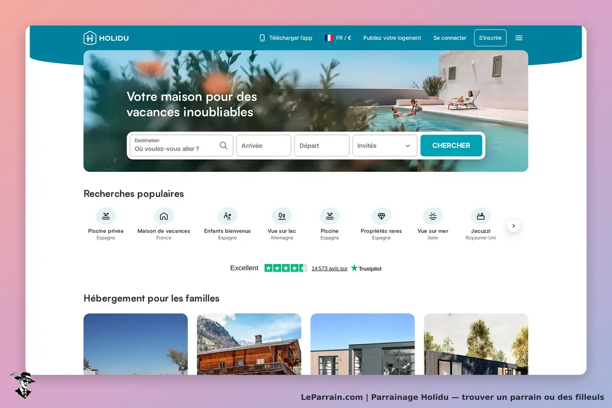 Holidu : page d'accueil avec formulaire de recherche et suggestions d'hébergement familial