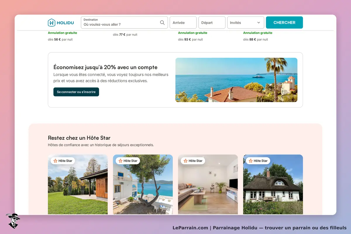 Holidu : page d'accueil avec formulaire de recherche et suggestions d'hébergements