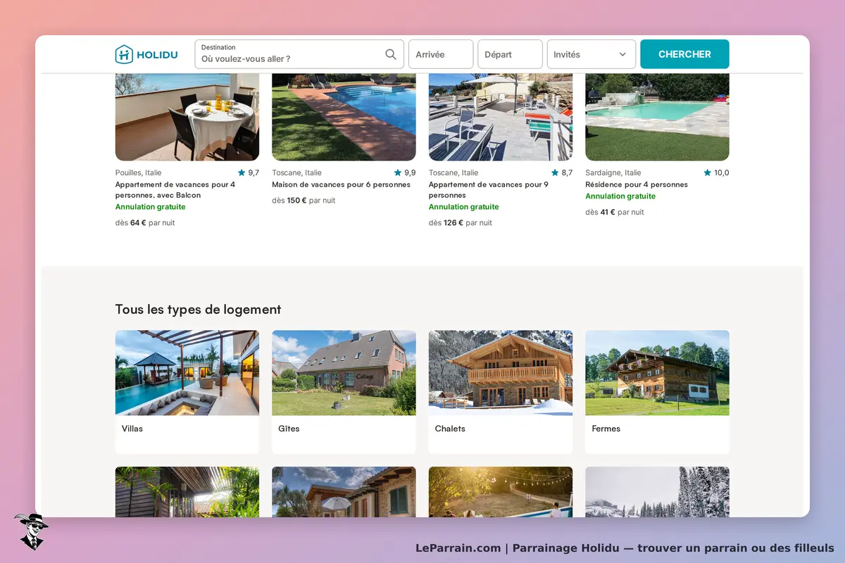 Holidu : page d'accueil avec des options de logements et un formulaire de recherche en haut
