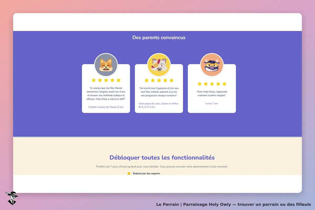 Holy Owly : témoignages de parents satisfaits avec des étoiles et des illustrations d'animaux