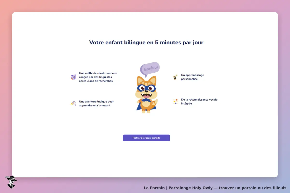 Holy Owly : page d'accueil avec un personnage de hibou et des éléments sur l'apprentissage bilingue
