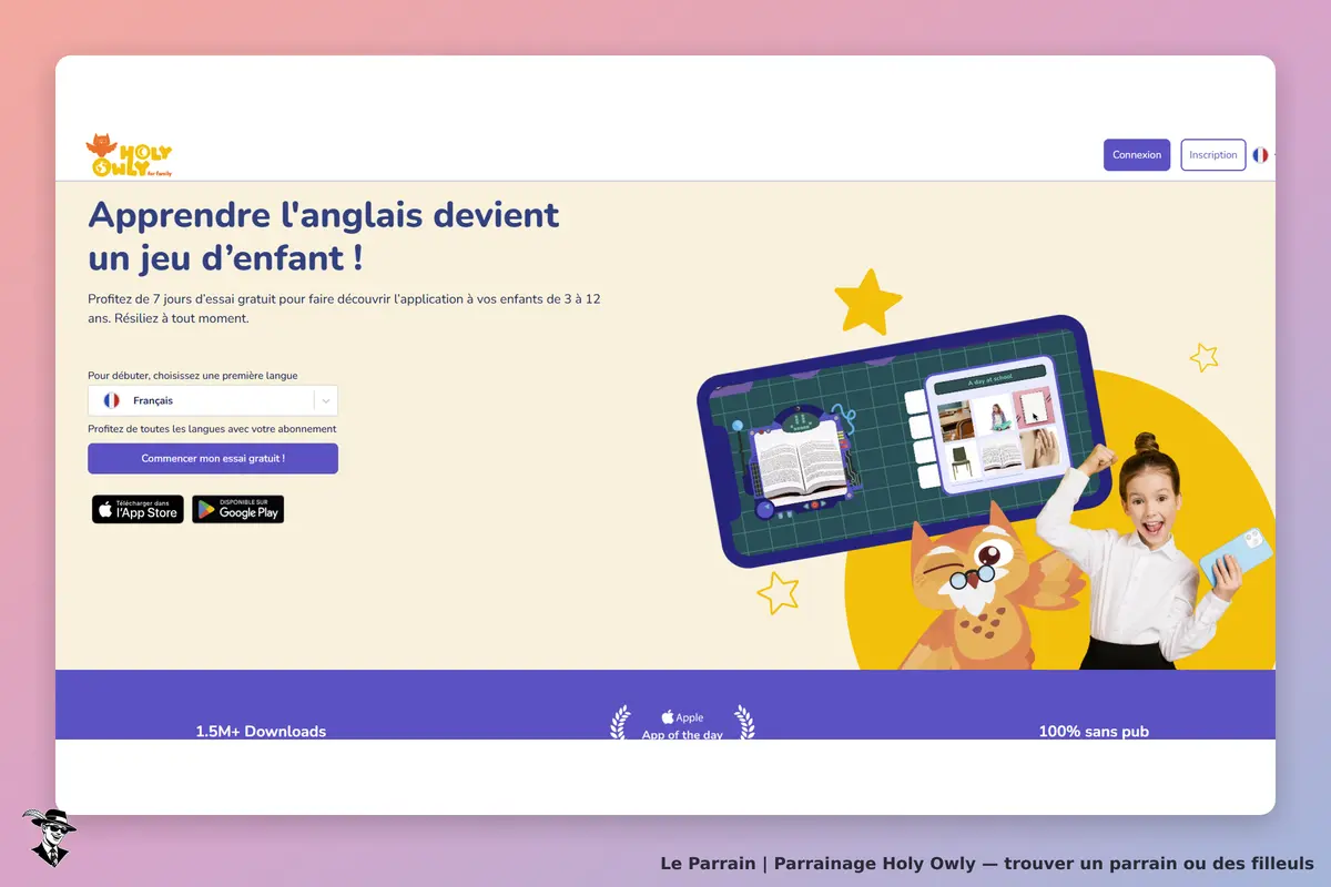 Holy Owly : page d'accueil avec un enfant et une chouette, promouvant une application