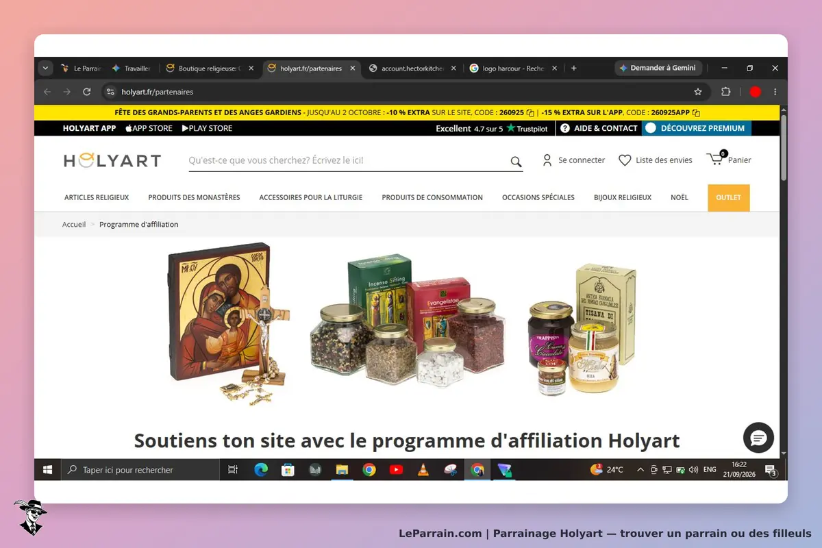 Holyart : page d'accueil avec des produits religieux et un programme d'affiliation affiché