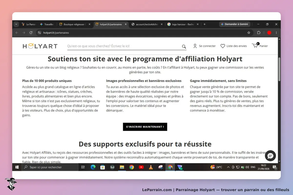 Holyart : page d'accueil présentant le programme d'affiliation et ses avantages pour les