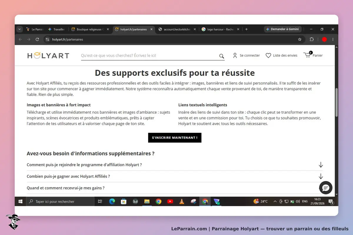 Holyart : page d'accueil présentant le programme d'affiliation et des outils pour les partenaires