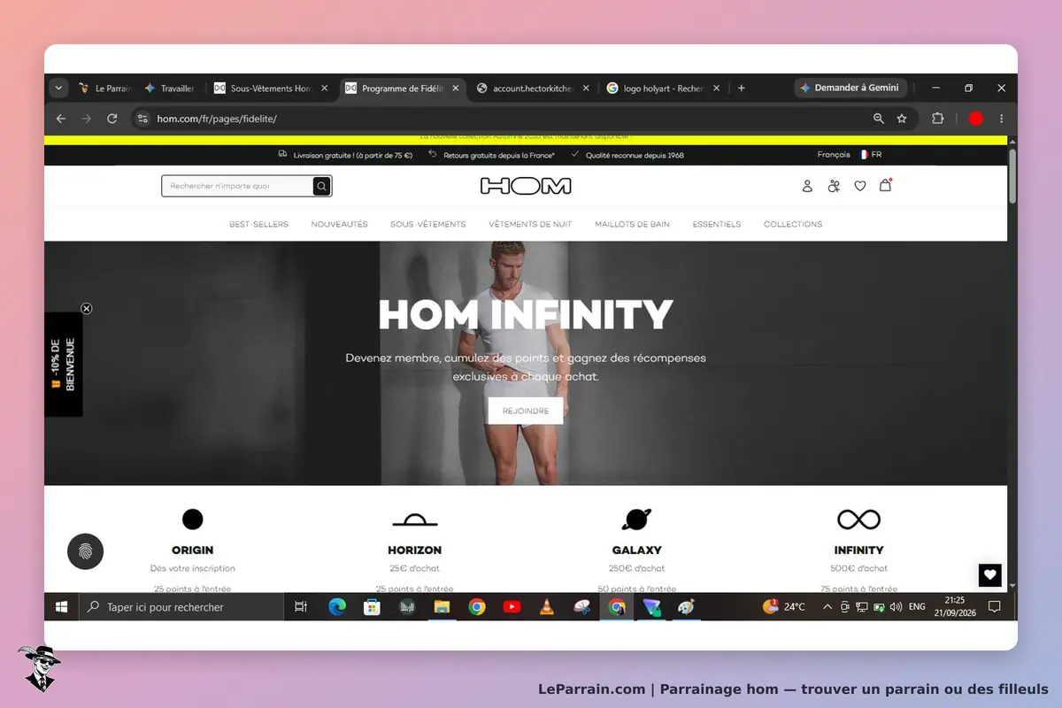 HOM : page d'accueil affichant le programme HOM INFINITY et des options de parrainage