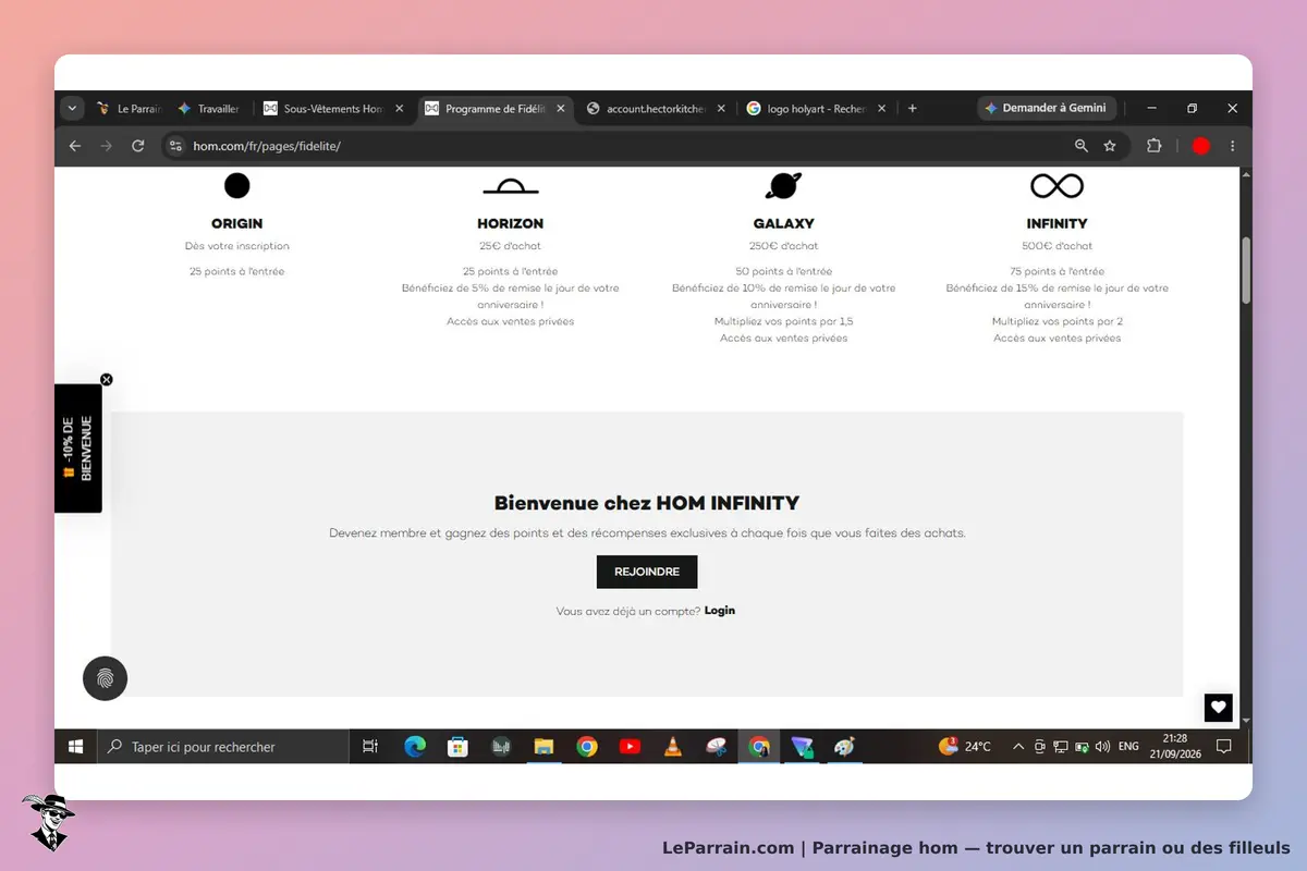 hom : page d'accueil présentant le programme de fidélité avec plusieurs niveaux et un message de