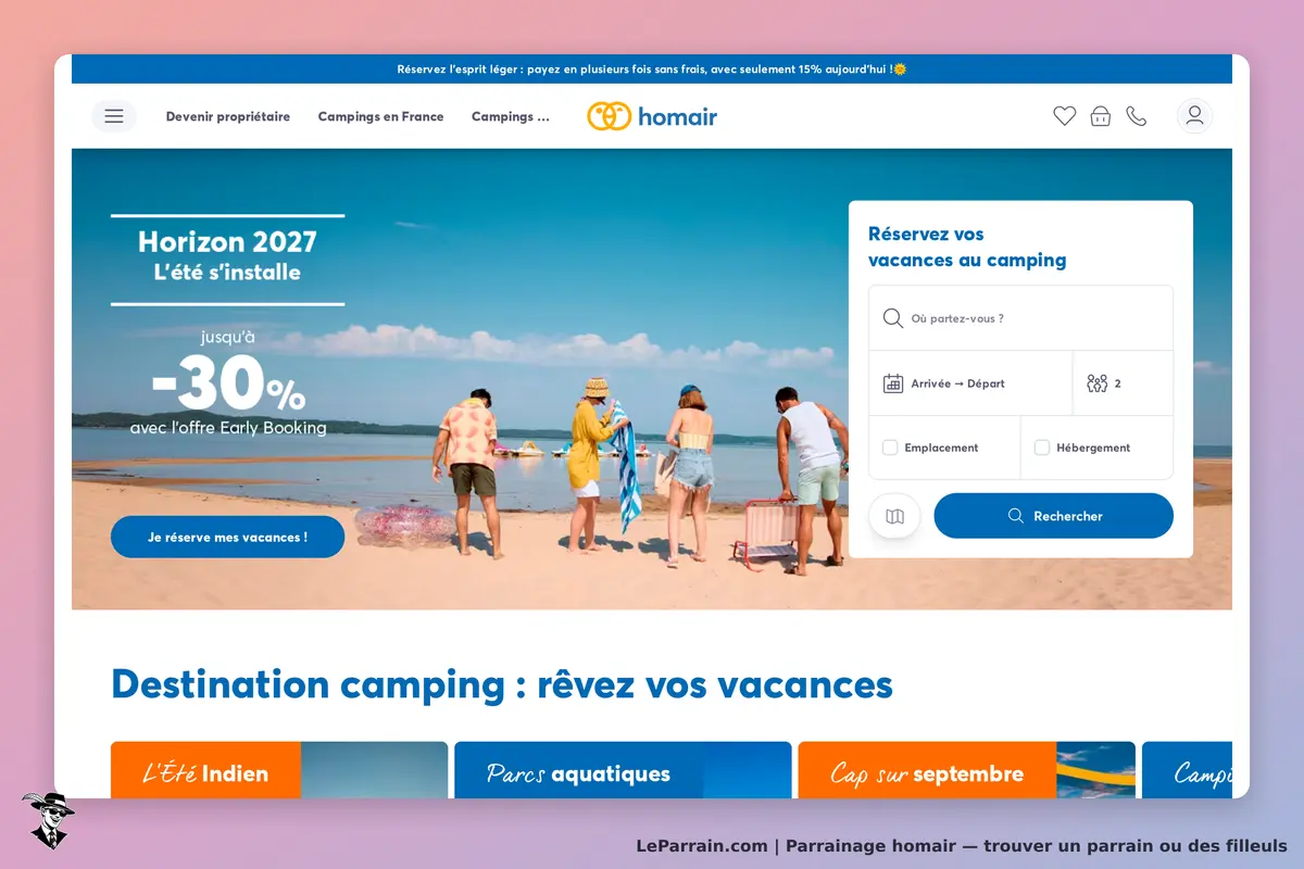 homair : page d'accueil avec des vacanciers sur la plage et un formulaire de réservation visible