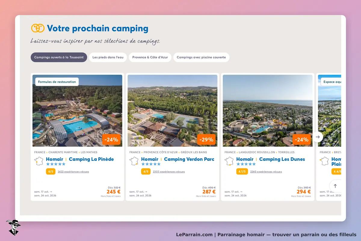 Homair : page d'accueil présentant des campings avec images et évaluations