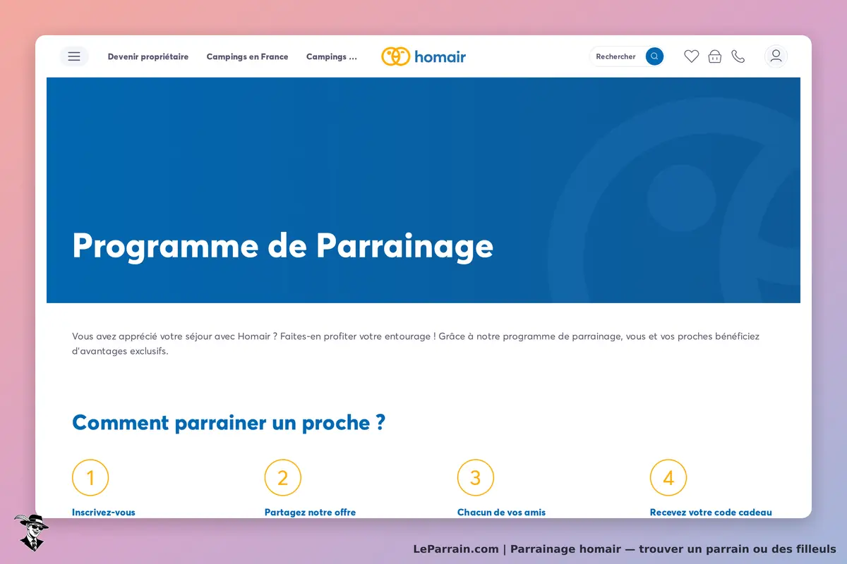 homair : page d'accueil sur le programme de parrainage avec étapes explicatives