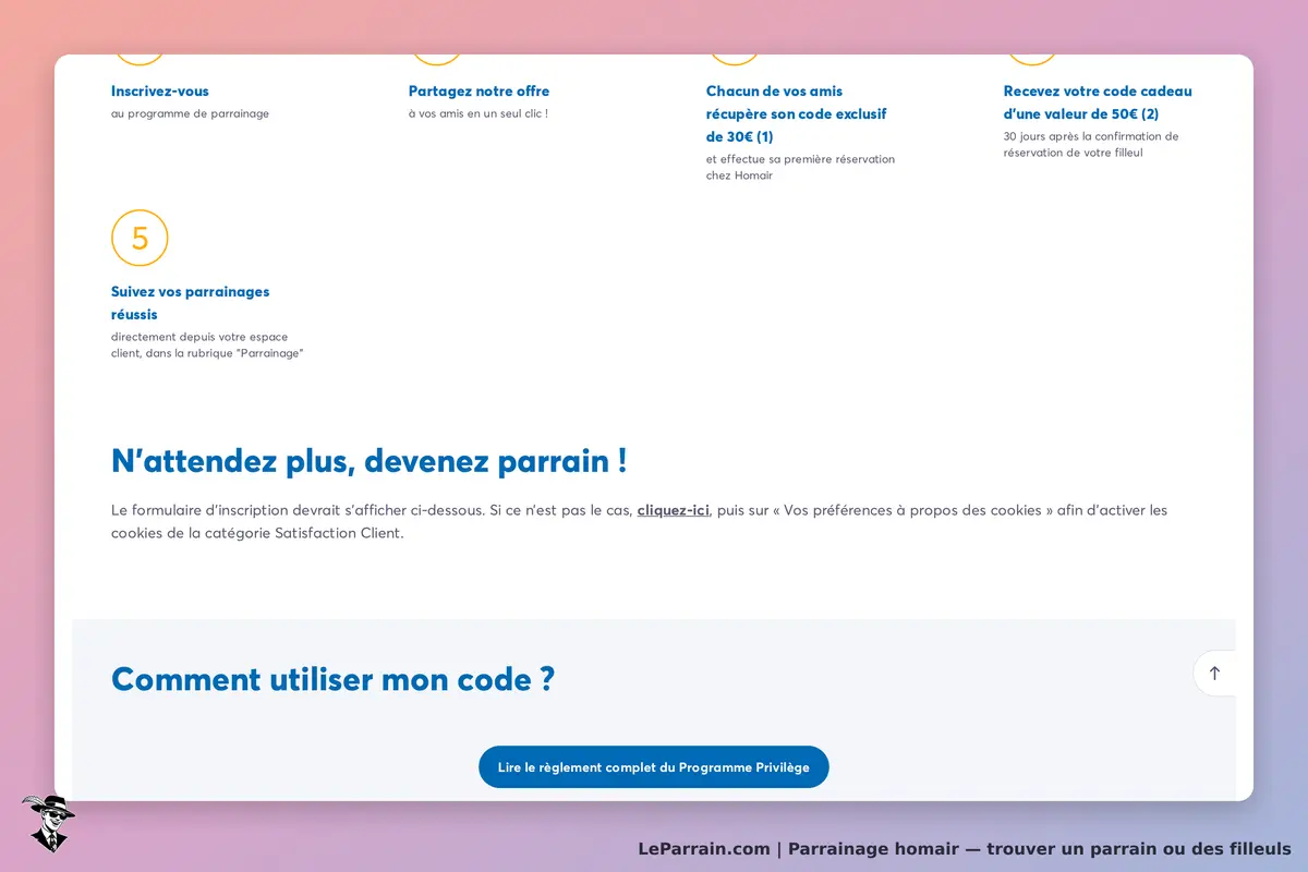 Homair : section sur le parrainage avec instructions et lien vers le règlement complet