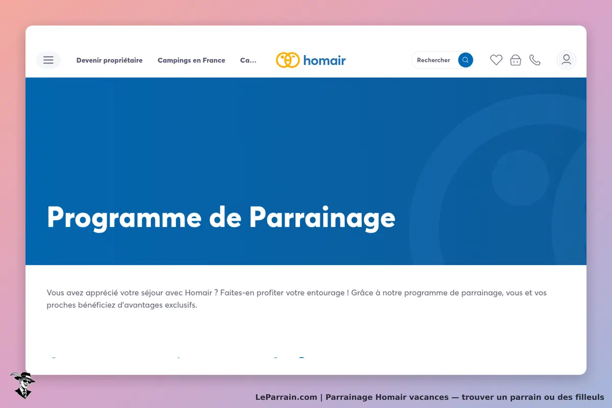 Homair vacances : homair : page d'accueil présentant le programme de parrainage avec un texte