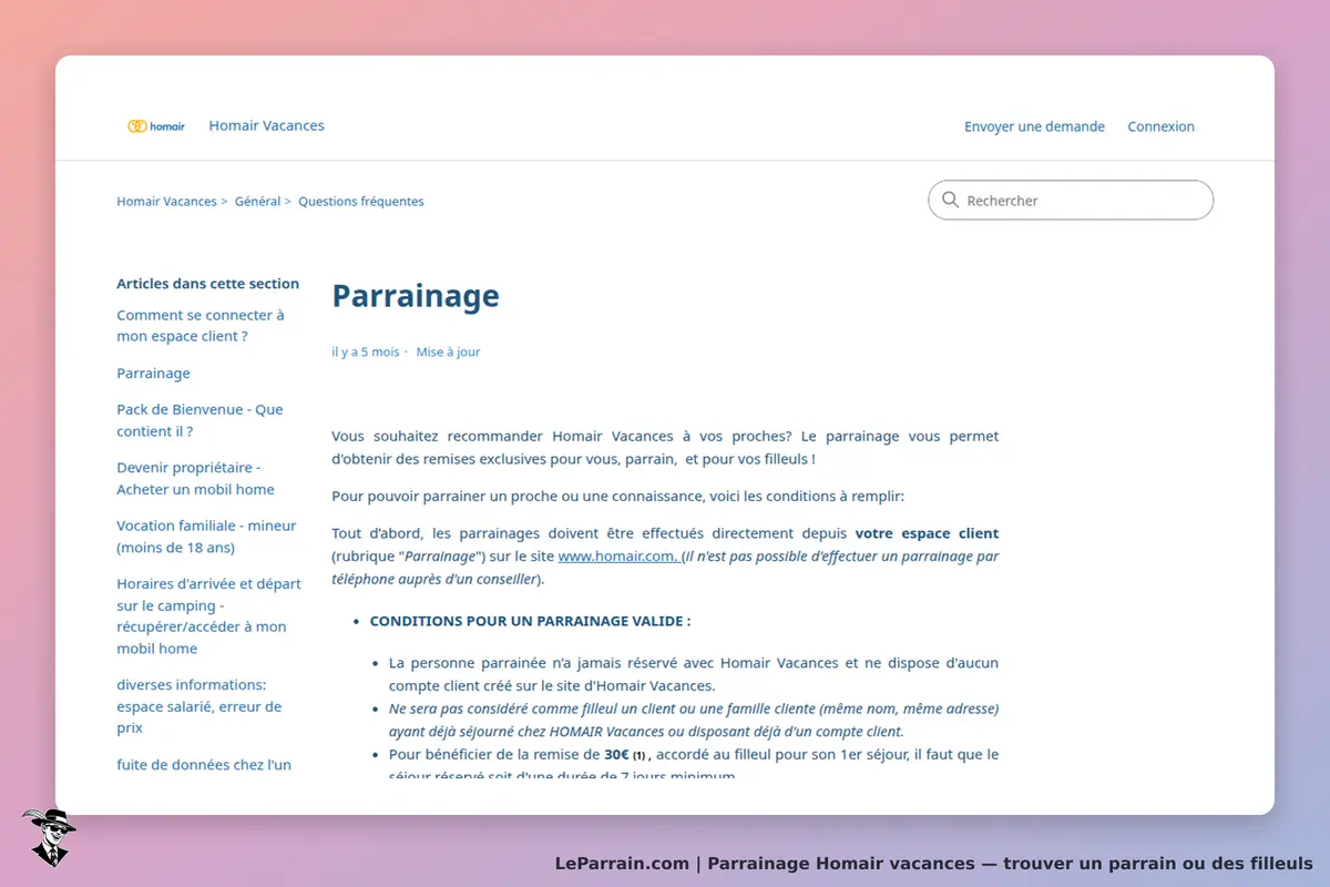 Homair Vacances : page sur le parrainage avec conditions et informations pour les clients