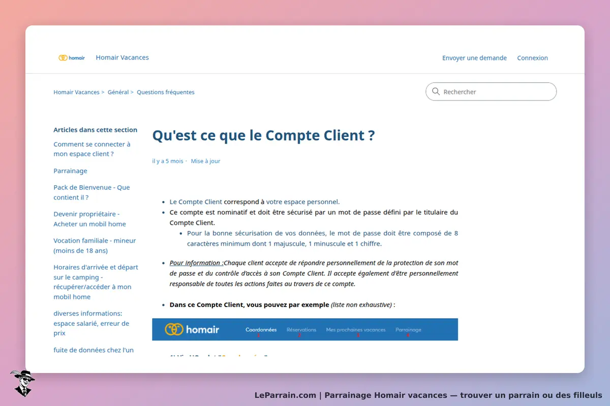 Homair vacances : homair : page d'aide sur le Compte Client avec des informations de sécurité et de