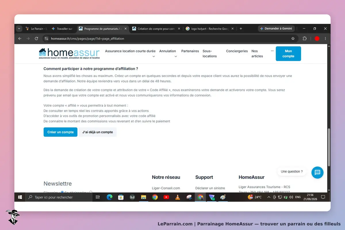 HomeAssur : page d'accueil présentant le programme d'affiliation et un formulaire de création de