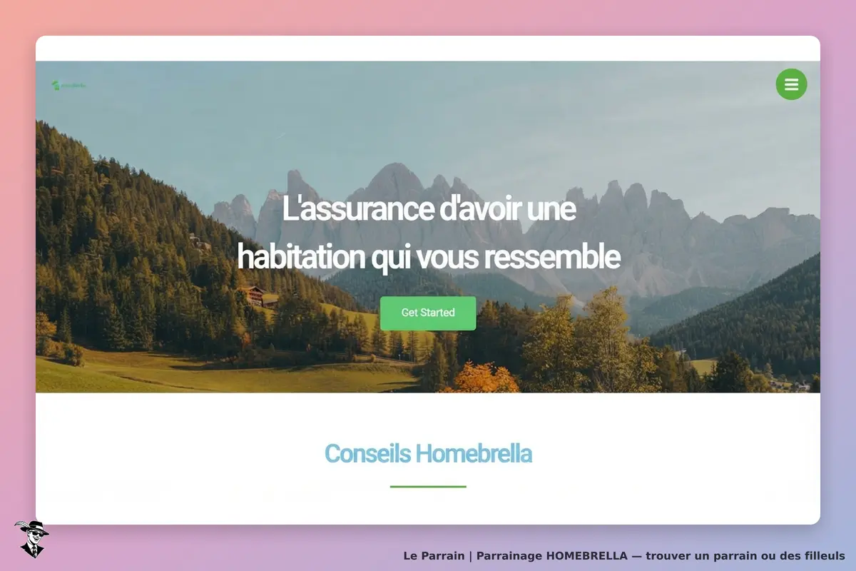 HOMEBRELLA : page d'accueil avec un paysage montagneux et un bouton "Get Started"
