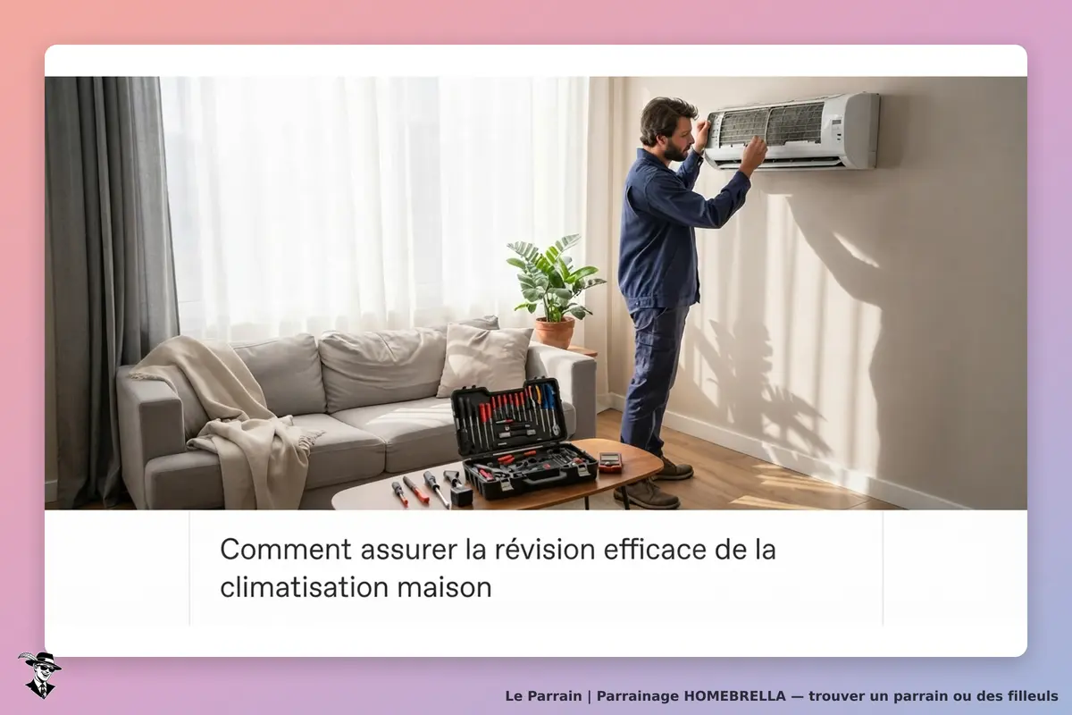 HOMEBRELLA : un homme répare un climatiseur dans un salon avec un canapé et des outils visibles