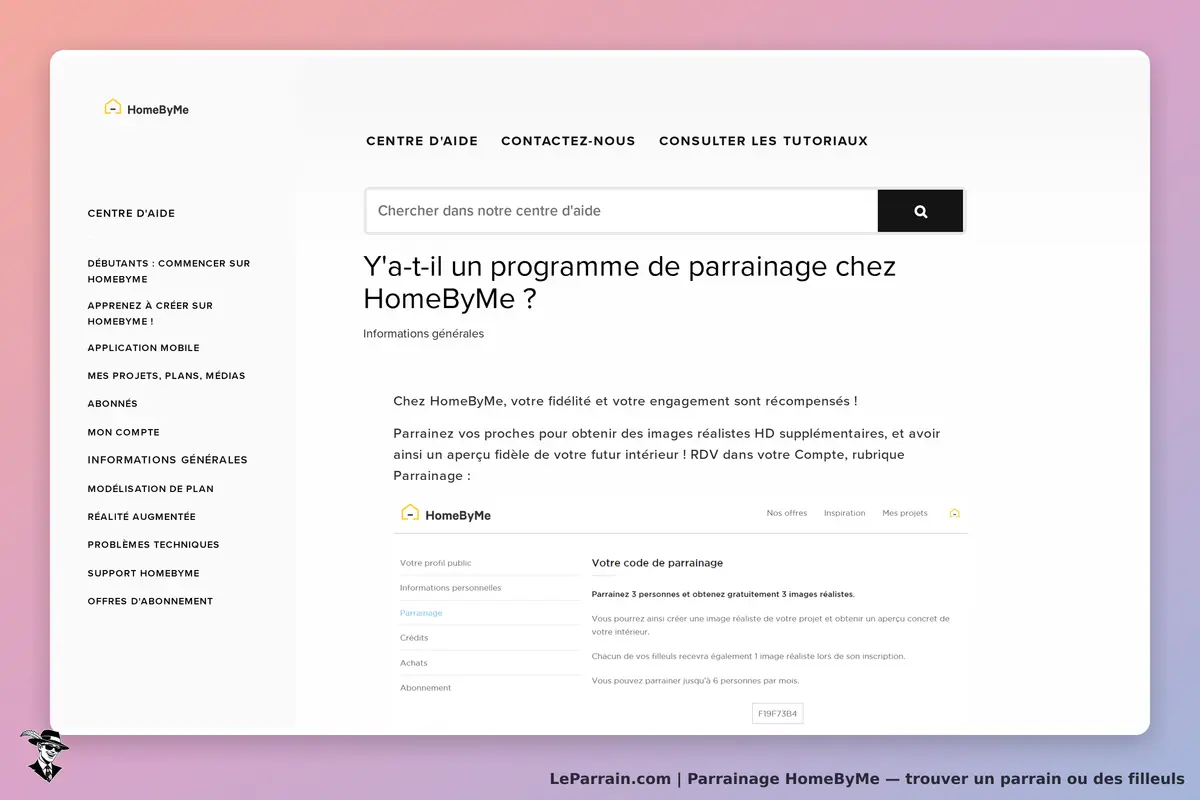 HomeByMe : page d'aide sur le programme de parrainage avec code et informations personnelles