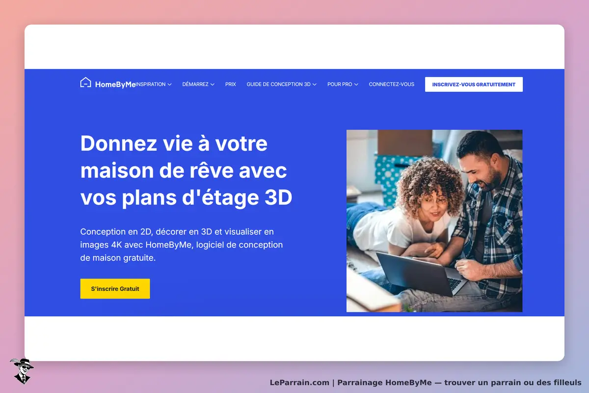 HomeByMe : page d'accueil présentant un couple utilisant un ordinateur sur un tapis