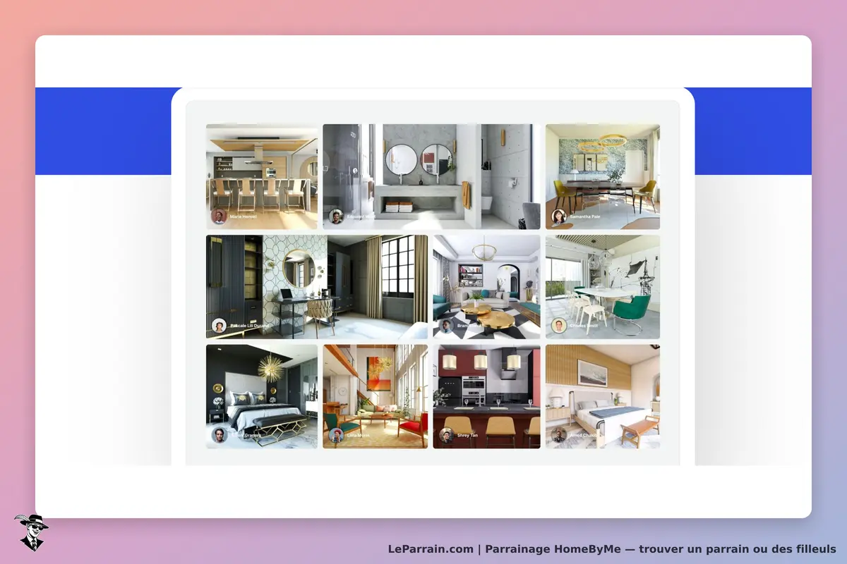 HomeByMe : plusieurs designs d'intérieur affichés en vignettes sur une grille colorée