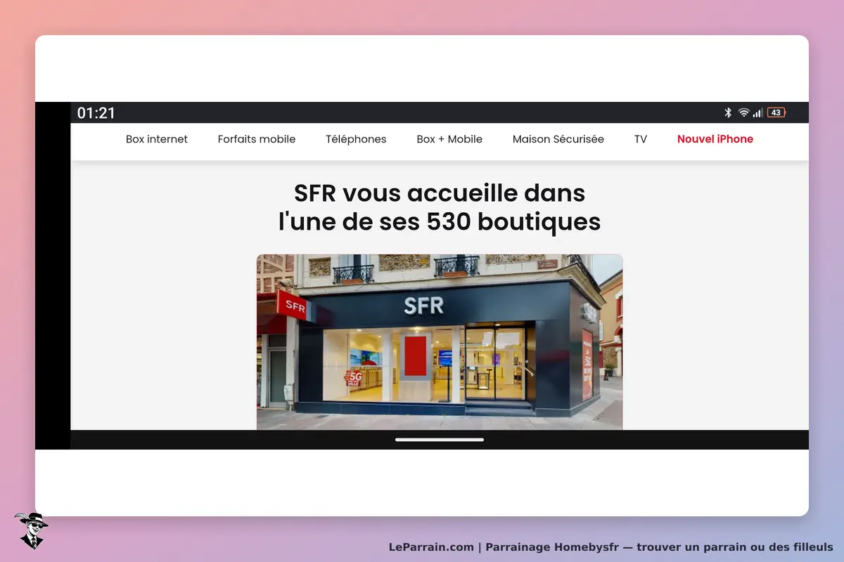 Homebysfr : boutique SFR avec vitrine et enseigne, accueil mentionné en texte