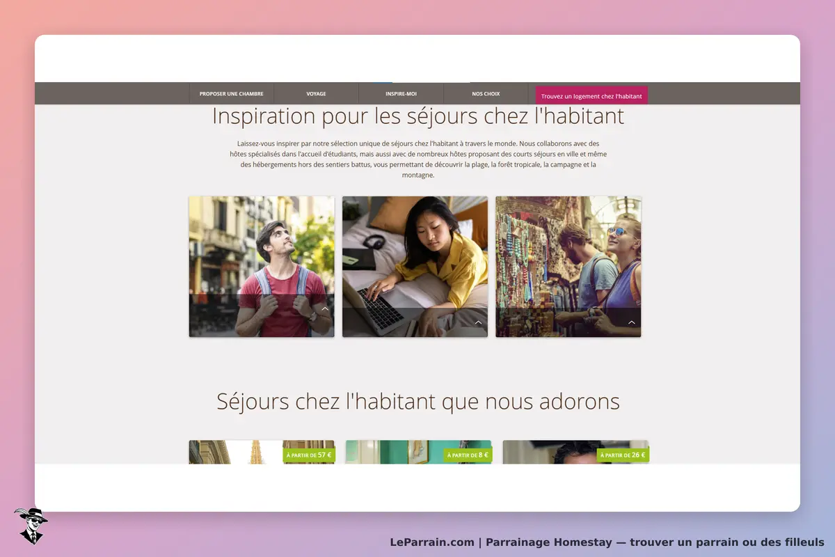 Homestay : page d'accueil présentant des images de séjours chez l'habitant et un texte