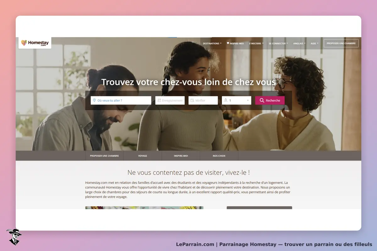 Homestay : page d'accueil avec un formulaire de recherche et des images de voyageurs souriants