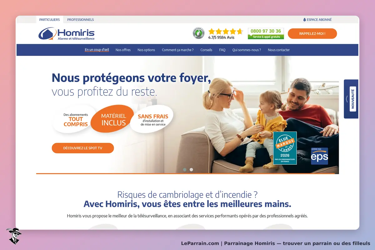 Homiris : page d'accueil avec une famille sur un canapé et des éléments de sécurité affichés