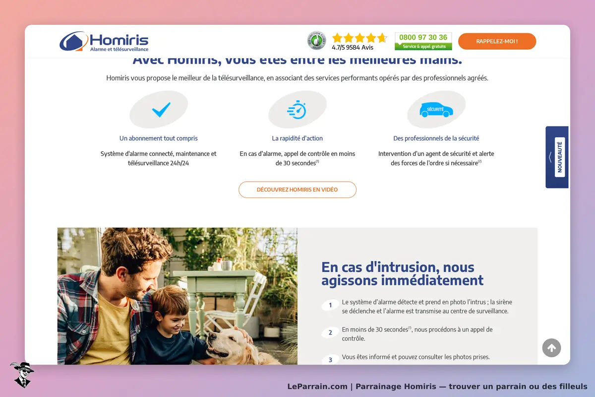 Homiris : page d'accueil présentant les services de télésurveillance et un visuel familial
