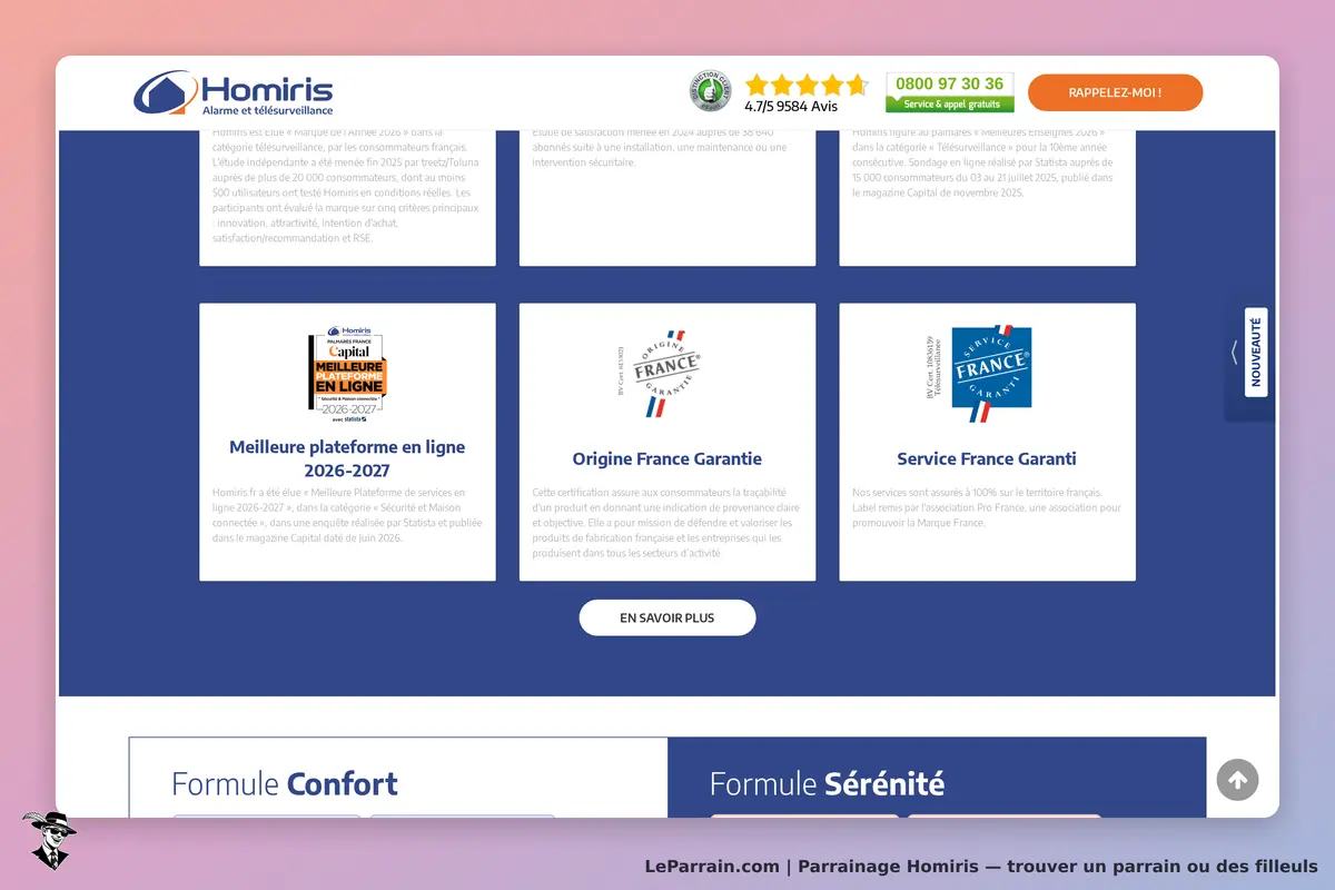 Homiris : page d'accueil présentant des certifications et services, avec des avis clients