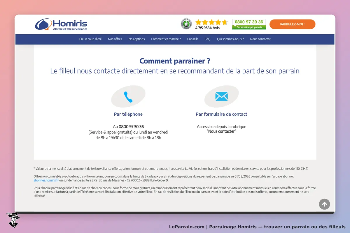 Homiris : page d'accueil avec options de parrainage par téléphone ou formulaire de contact
