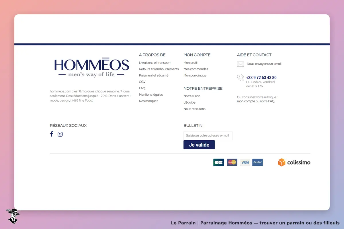 HOMMÉOS : section inférieure de la page d'accueil avec informations et options de contact