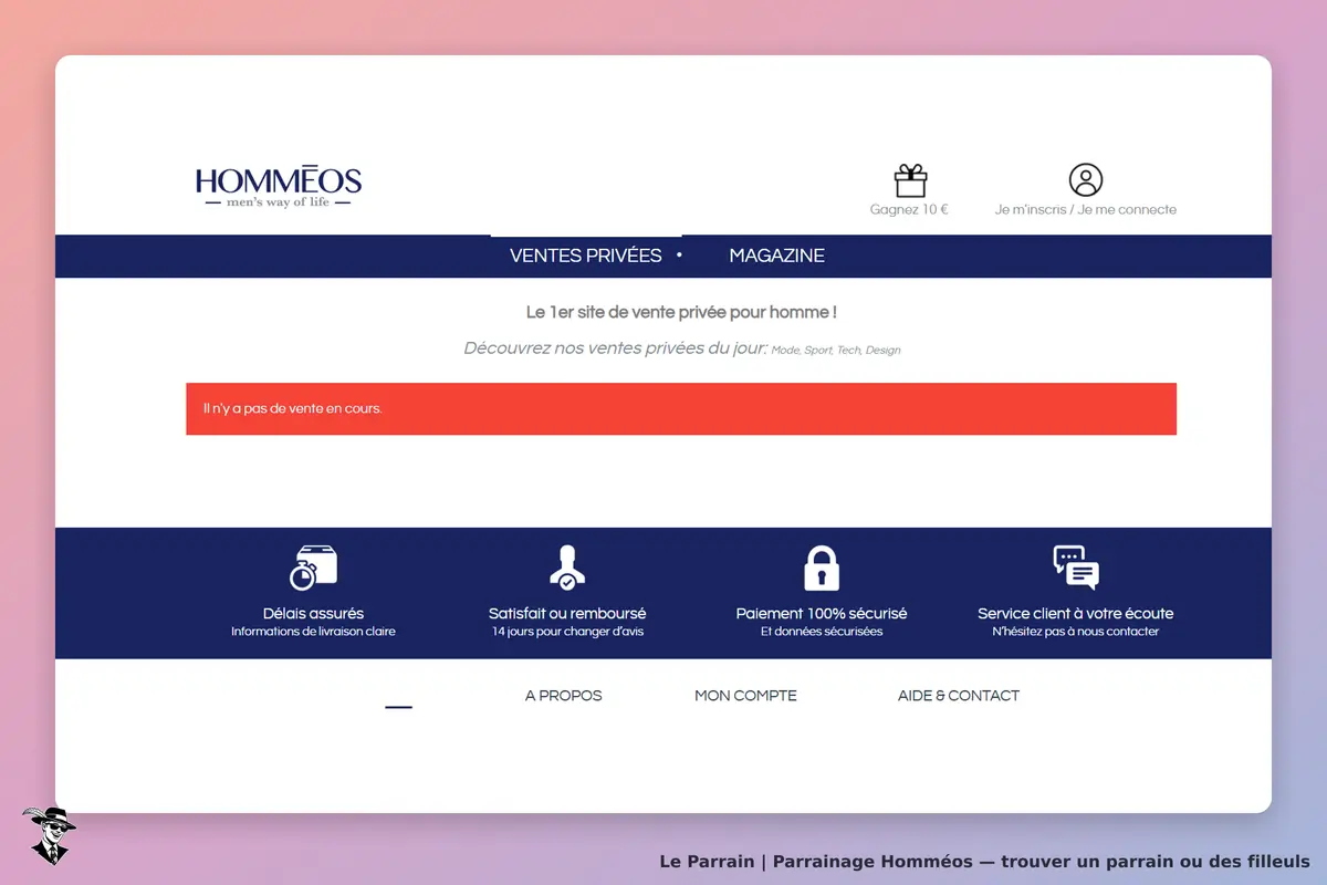 Homméos : page d'accueil avec message indiquant qu'il n'y a pas de vente en cours