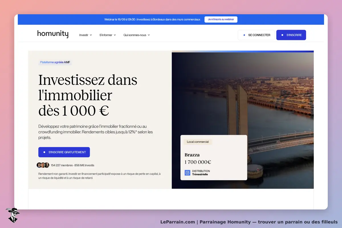 Homunity : page d'accueil présentant un investissement immobilier avec une photo de bâtiment