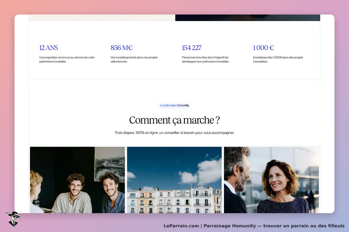 Homunity : statistiques sur l'investissement immobilier et images de personnes en discussion