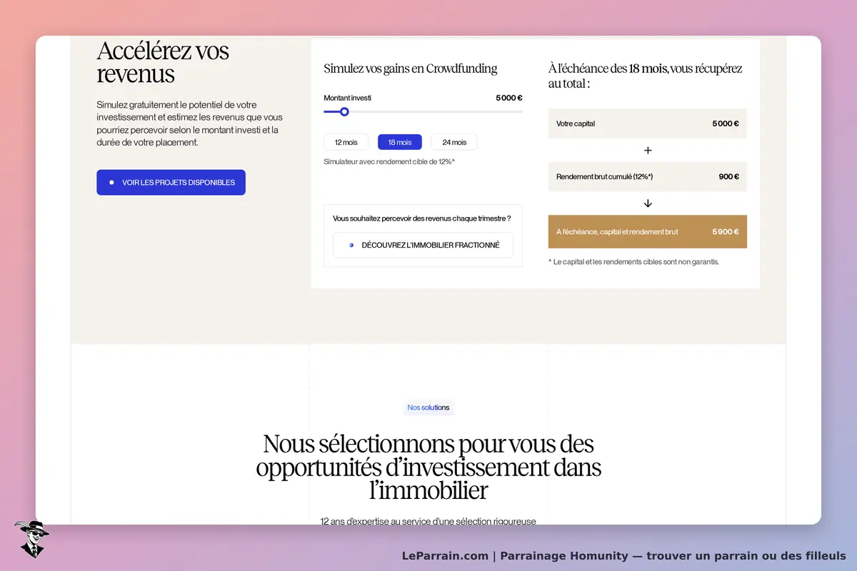 Homunity : page d'accueil avec simulateur de gains en crowdfunding et projets d'investissement