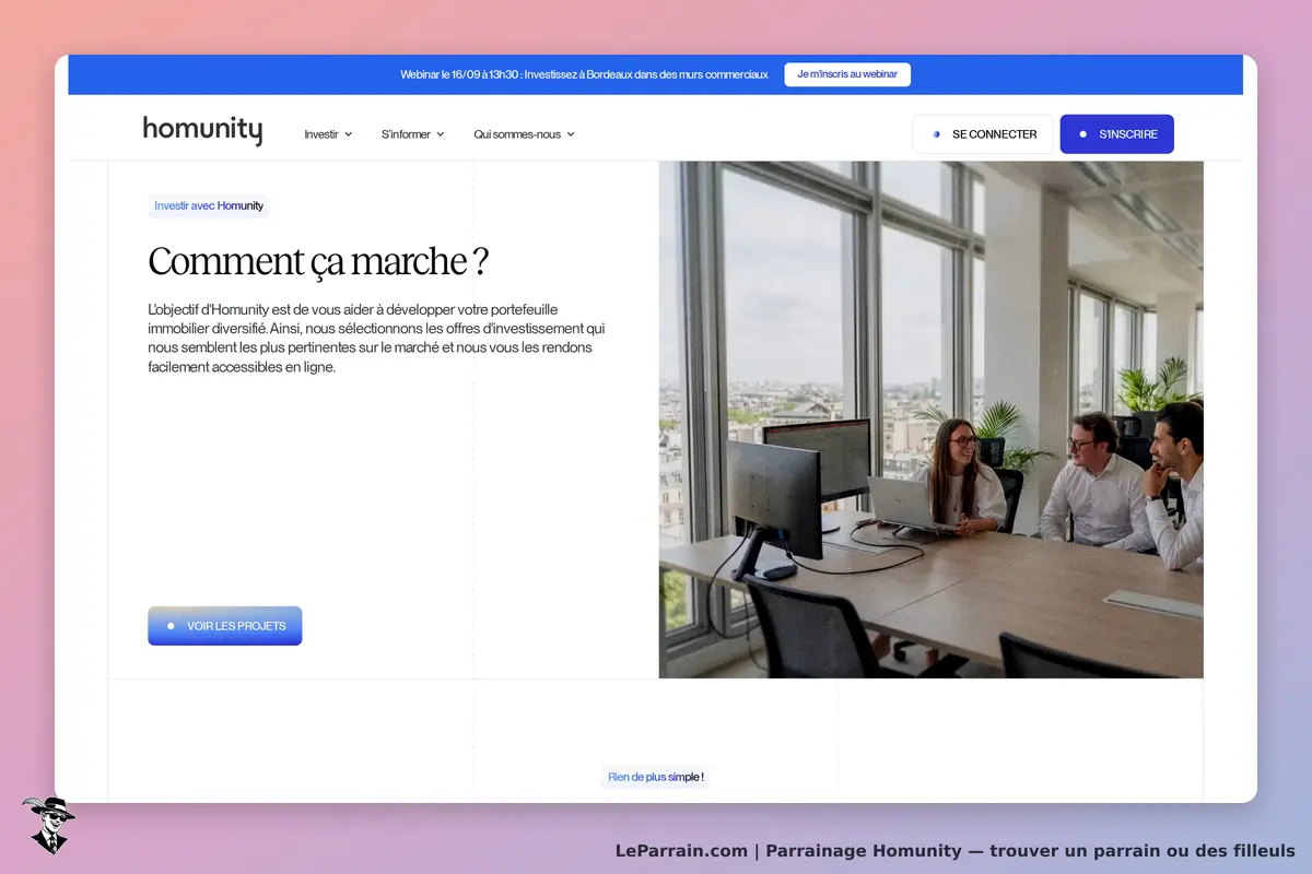 Homunity : page d'accueil avec explication et image d'un bureau moderne et collaboratif