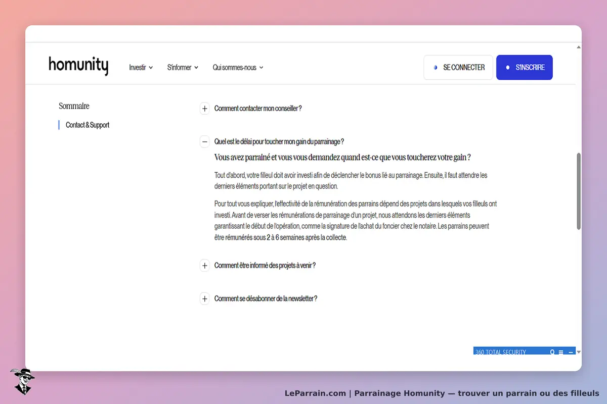 Homunity : page de support avec questions fréquentes sur le parrainage et contact