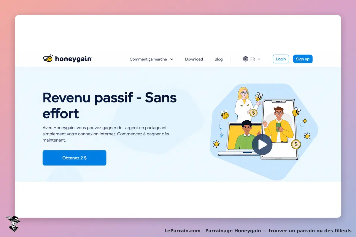 Honeygain : page d'accueil présentant le concept de revenu passif avec illustrations et bouton