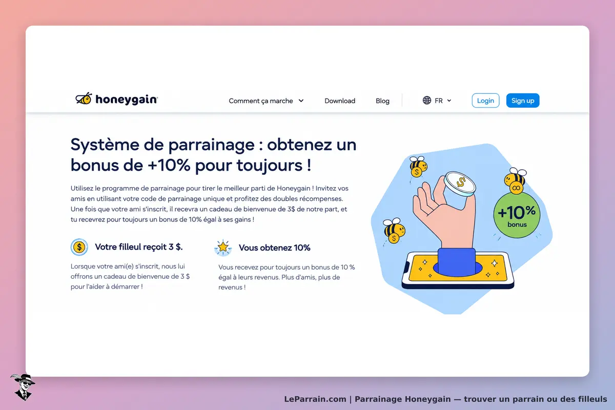 Honeygain : page d'accueil présentant le système de parrainage avec illustrations et texte