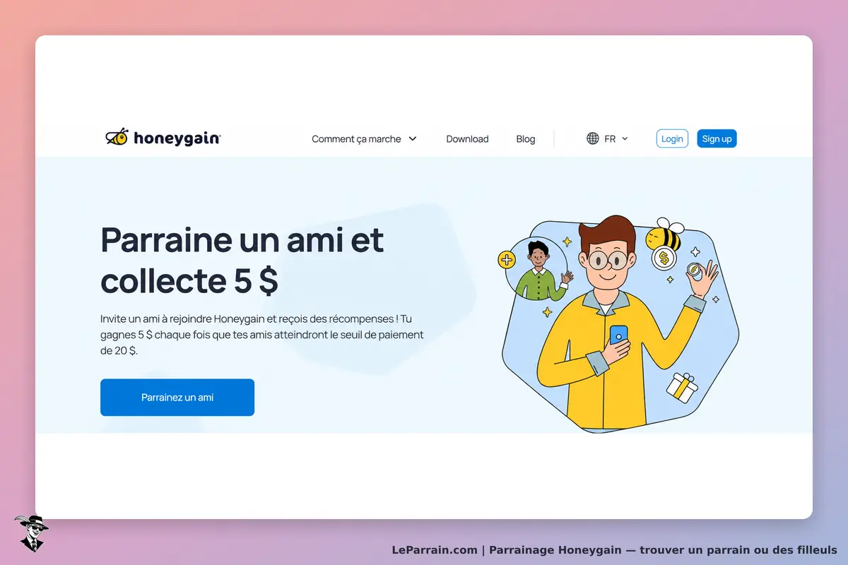 Honeygain : page d'accueil avec illustration et bouton pour parrainer un ami