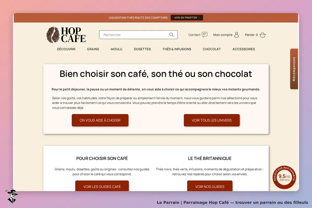 Hop Café : page d'accueil avec conseils pour choisir café, thé ou chocolat et accès aux guides