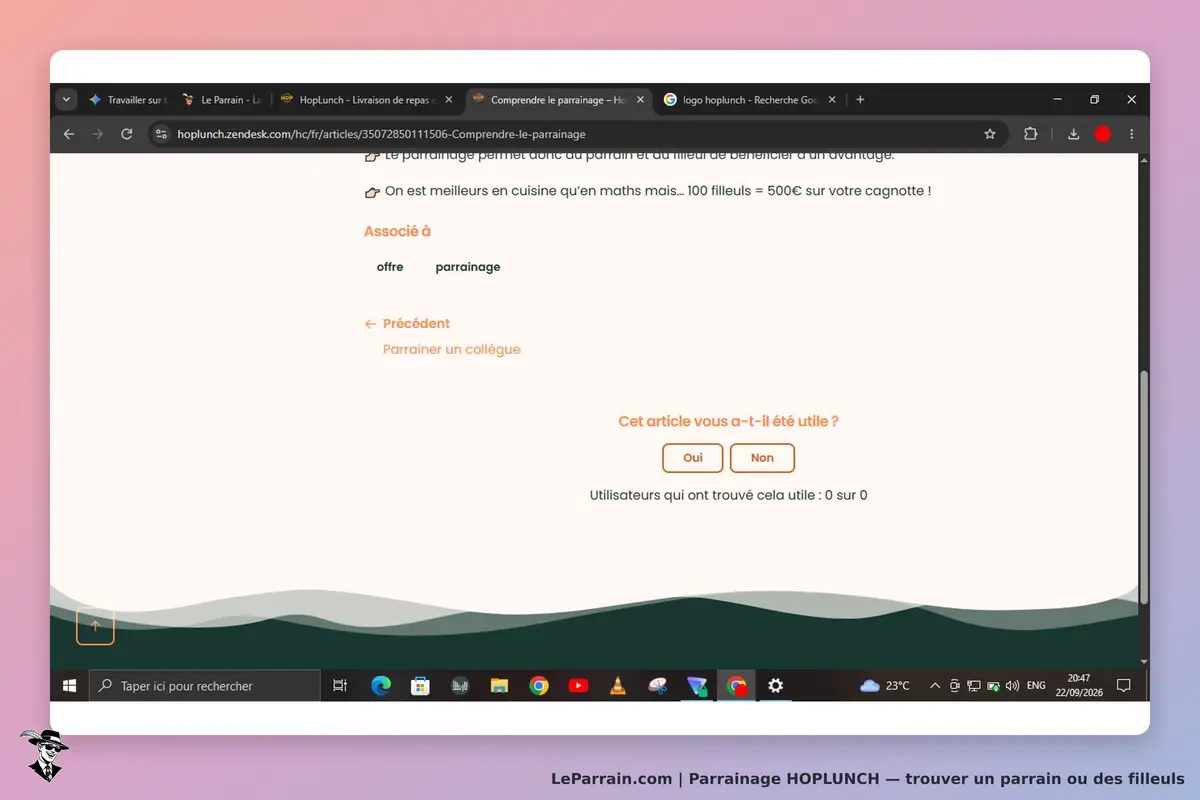 HOPLUNCH : page d'aide sur le parrainage avec question sur l'utilité de l'article