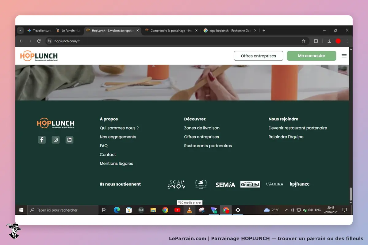 HOPLUNCH : page d'accueil avec menu, logo et éléments graphiques sur fond vert